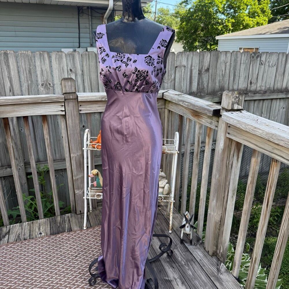 Y2K Be Smart Purple Satin Floral Flocked Maxi Dress Formal Prom Gown Size 5/6